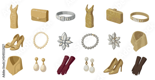 Fashion accessories icons set – flat, styled attire and jewelry images