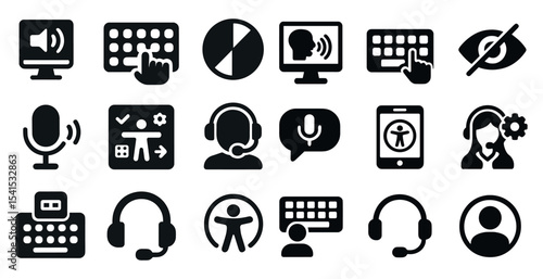 Keyboard accessibility solid icons set – communication, hearing, assistive tools