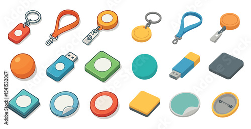 Keychain and usb flash isometric icons set – gadgets, tech accessories, devices