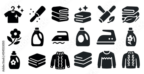 Laundry and cleaning solid icons set – silhouette, detergent, housekeeping graphics