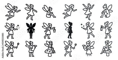 Fairy and magic outline icons set – silhouette, mythical, fantasy and enchanted designs
