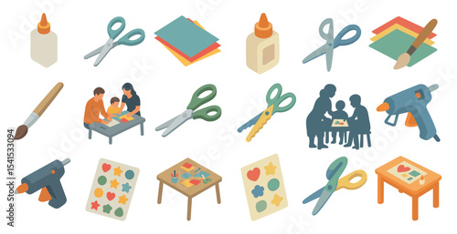 Arts and crafts isometric icons set – diy, mixed media, creative hobby symbols