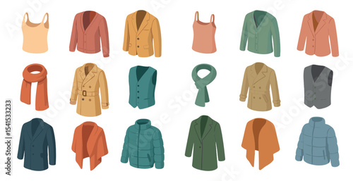 Fashion and clothing icons set – isometric, apparel, wardrobe and garment symbols