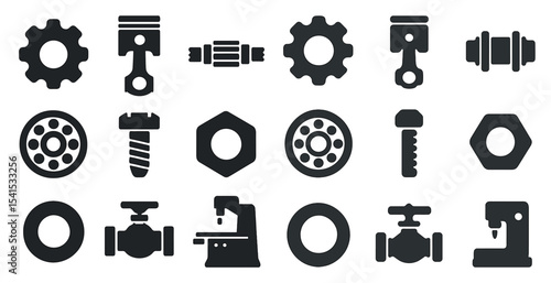 Mechanical and engineering solid icons set – silhouette, tools, industry symbols