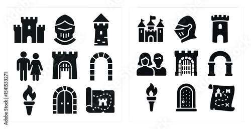 Medieval and castle silhouette icons set – solid, historic, knight symbols