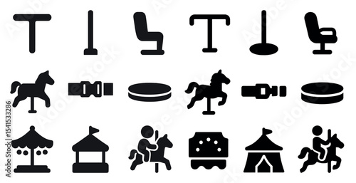 Amusement park silhouette icons set – filled, solid, funfair and carnival symbols