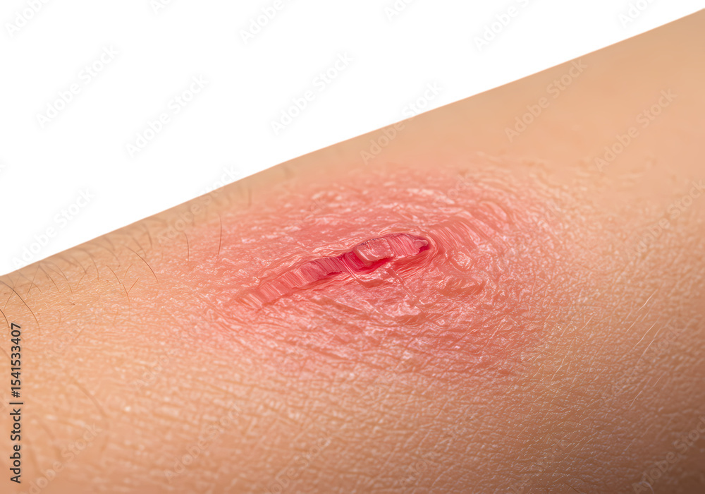 Fototapeta premium Closeup of a Minor Skin Abrasion Redness Inflammation and Healing Process isolated on transparent baackground