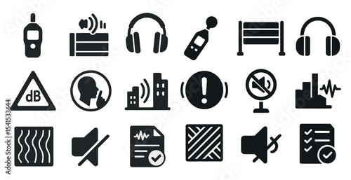 Noise control icons set – solid, sound, silence, safety symbols for environment