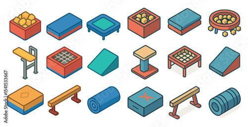 Fitness equipment isometric icons set – gym, workout, training symbols