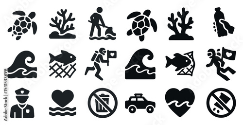 Marine conservation solid icons set – filled, ocean and environmental protection symbols