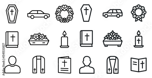 Funeral and memorial outline icons set – linear, solid, memorial service symbols