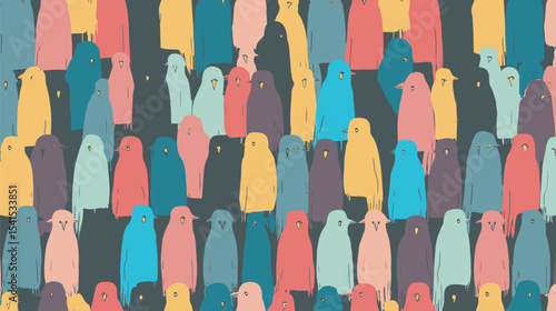 Colorful bird flock stands stylized simple patterned background detail