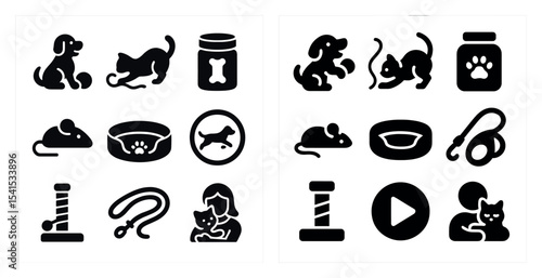 Pet care silhouette icons set – animal welfare, grooming symbols and outline designs