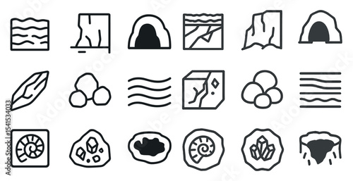 Geology and earth formations icons set – line, outline, geological symbols