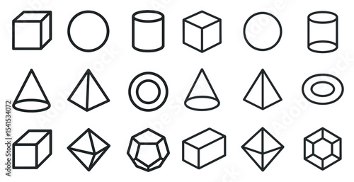 Geometric shape outline icons set – linear, abstract, design symbols for 3d art