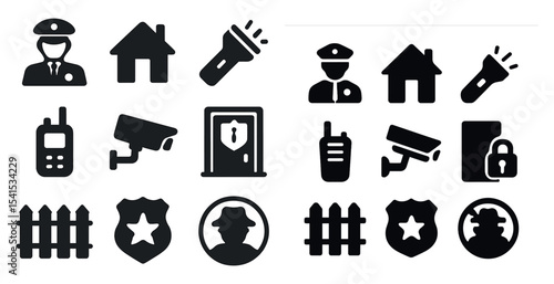 Security and safety solid icons set – filled, silhouette, protection symbols