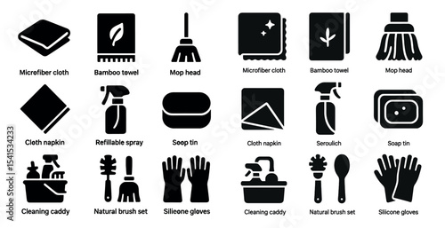 Cleaning and hygiene solid icons set – silhouette, filled, sanitation and household tools