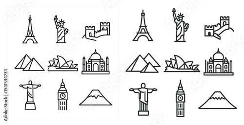 Travel and landmarks icons set – outline, linear, global tourism graphics