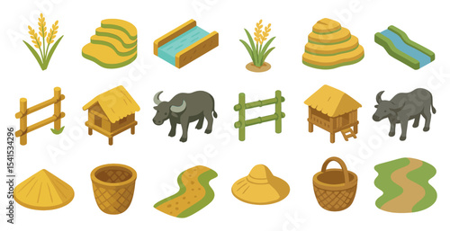 Agricultural isometric icons set – farming, rural, and countryside symbols