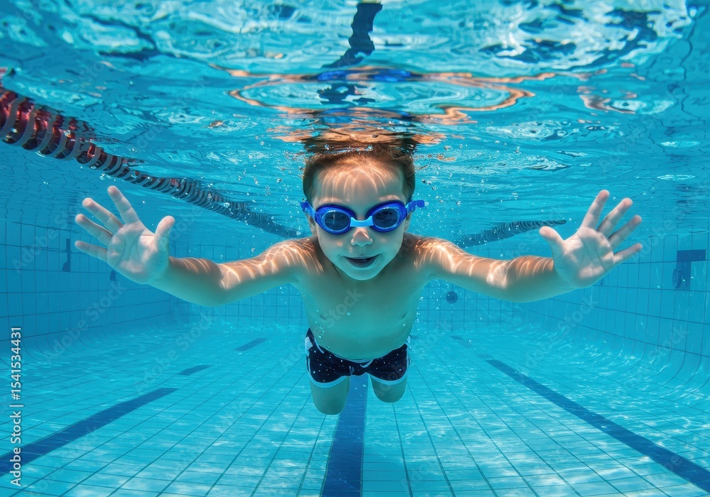 Fototapeta premium Boy swimming underwater in a pool with goggles and outstretched arms ai generated