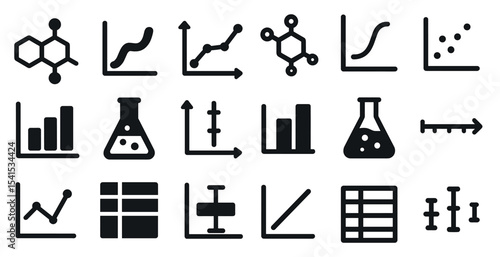 Data science and analysis icons set – flat, filled, statistics and research symbols