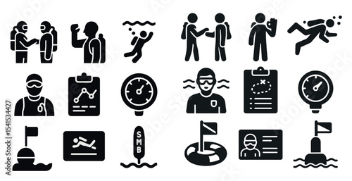 Diving and snorkeling silhouette icons set – solid, filled, aquatic adventure symbols