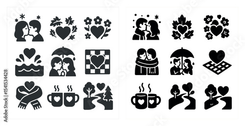Romantic couple silhouette icons set - solid, love, relationship symbols