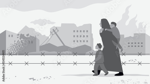 Black and white vector illustration on the theme of war, refugees, social problems in the world. Mother and child walking on a road, on background ruined houses