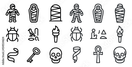Ancient egypt outline icons set – linear, historical, cultural symbols