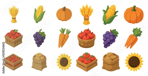 Harvest and fall 3d icons set – seasonal, autumn, agriculture vector symbols