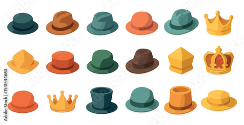 Hats and crowns 3d icons set – royalty, headwear symbols for design