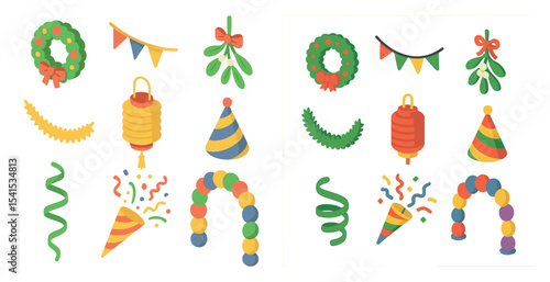 Party and celebration icons set – flat, filled, festive and decoration symbols