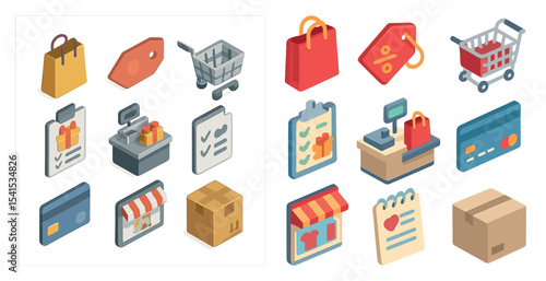 Shopping and retail isometric icons set – 3d, commerce, purchase and sale symbols