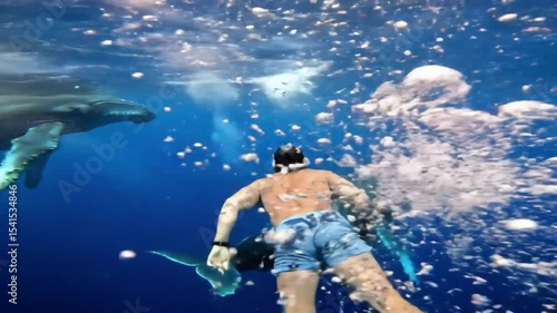 Wallpaper Mural Freediver swims calmly with large humpback whales beneath ocean surface in magical blue underwater scene full of light, movement, and awe Torontodigital.ca