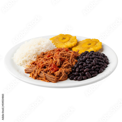 Delicious cuban food plate: ropa vieja, rice, black beans, and plantains