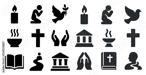 Religious and spiritual solid icons set – silhouette, faith, worship symbols