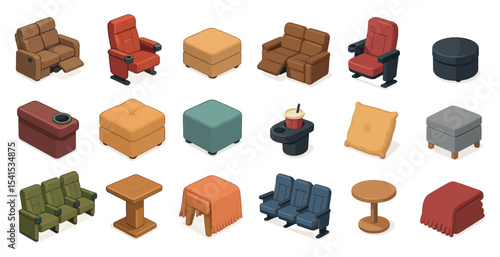 Furniture isometric icons set – home, decor, seating and interior design graphics