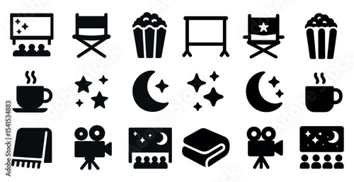 Movie night solid icons set – cinema, entertainment, film industry symbols