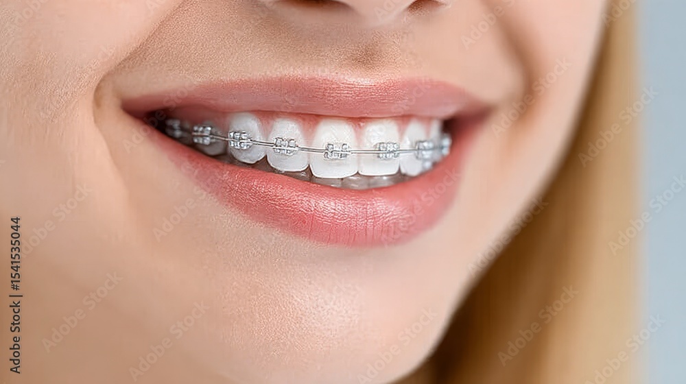 Fototapeta premium Close-up Portrait of a Young Individual with Bright Smile and Immaculate Clear Lingual Wire Braces