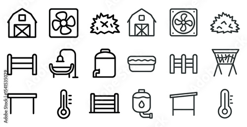 Farm and agriculture outline icons set – linear, silhouette, rural and farming symbols