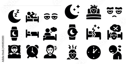 Sleep and dream solid icons set – filled, bedside, and night time symbols