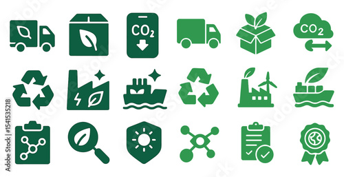 Eco-friendly solid icons set – recycling, sustainability, green energy symbols