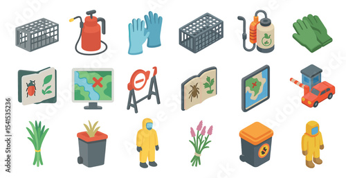 Pest control isometric icons set – prevention, extermination, bug management tools