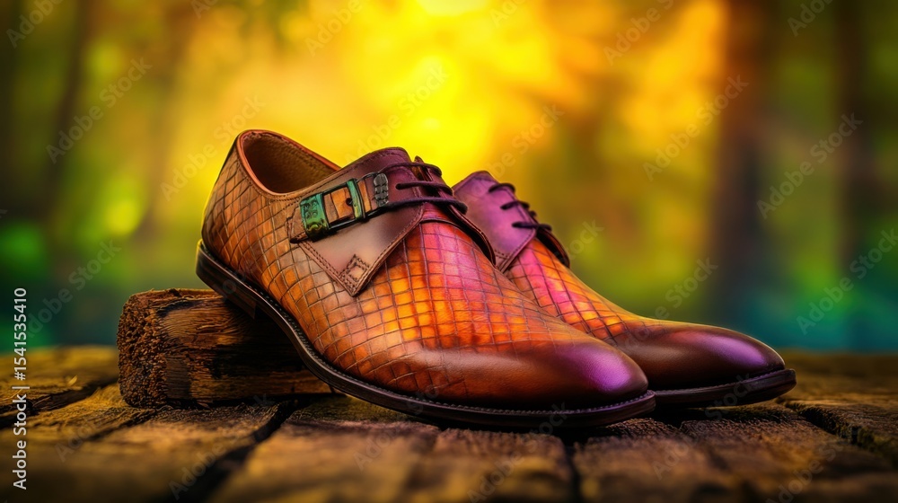 Naklejka premium Elegant vintage men's leather shoes displayed on a rustic wooden background showcasing luxury craftsmanship and timeless style in natural light