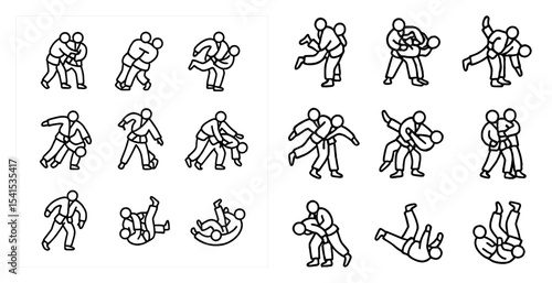Martial arts moves outline icons set – silhouette, linear, combat sports symbols