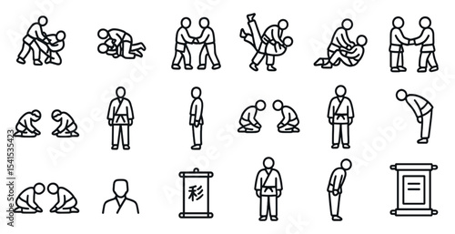 Martial arts outline icons set – judo, karate, combat sport symbols