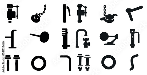 Demolition tools silhouette icons set – solid, filled, construction equipment symbols