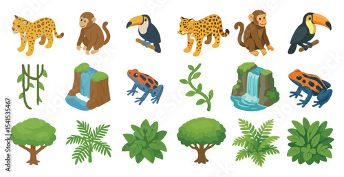 Tropical and wildlife isometric icons set – 3d, nature, jungle animal illustrations