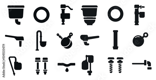 Plumbing system solid icons set – flat, filled, repair and maintenance symbols