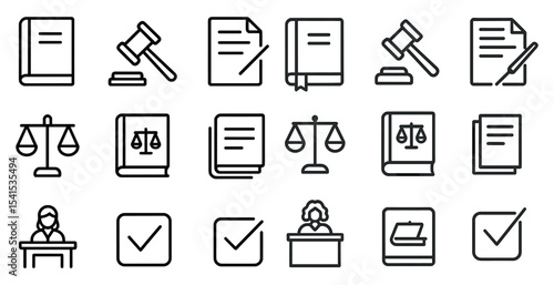 Legal and justice line icons set – outline, linear, court and law symbols
